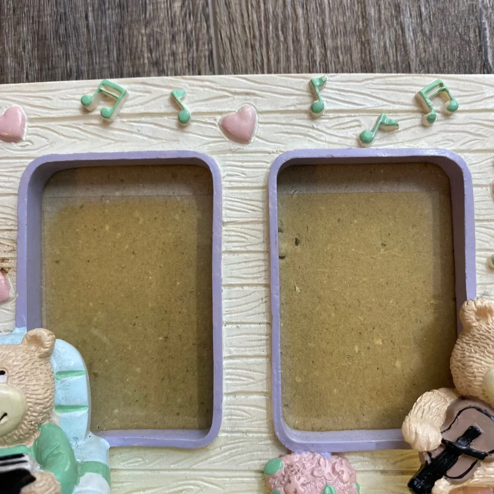 Vintage Style Teddy Bear Resin Double Photo Frame Music Theme Pastel, Cat